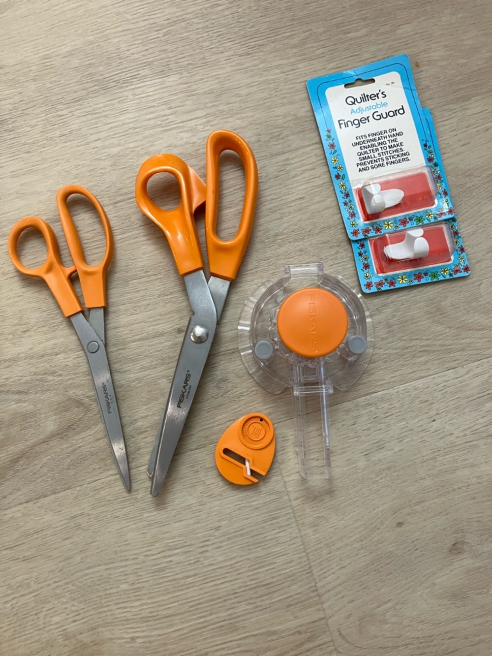 Quilting and Tools - Fiskars Scissors, Sharpener, Circle Cutter, Finger Guard